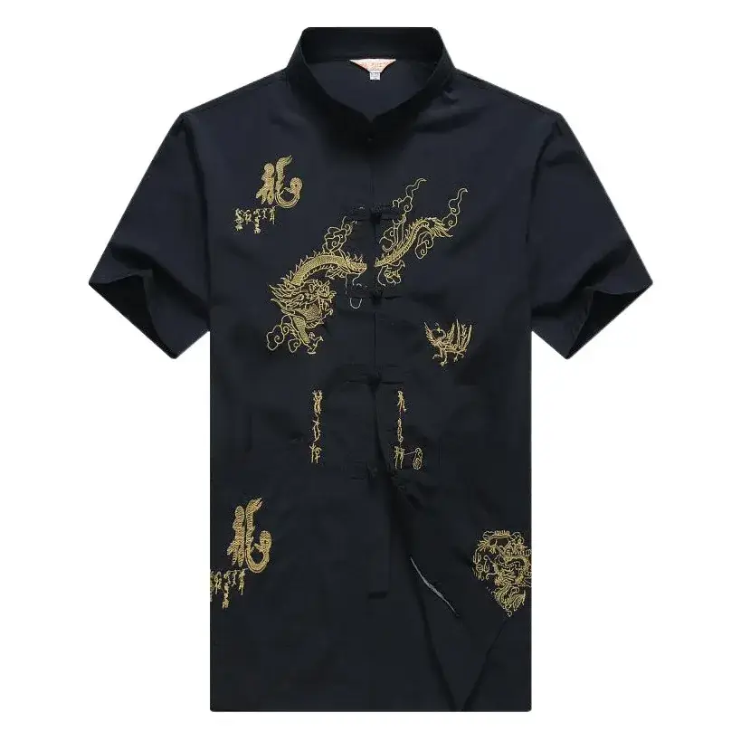 Men Black Embroidered Dragon Polo Shirt Short Sleeve