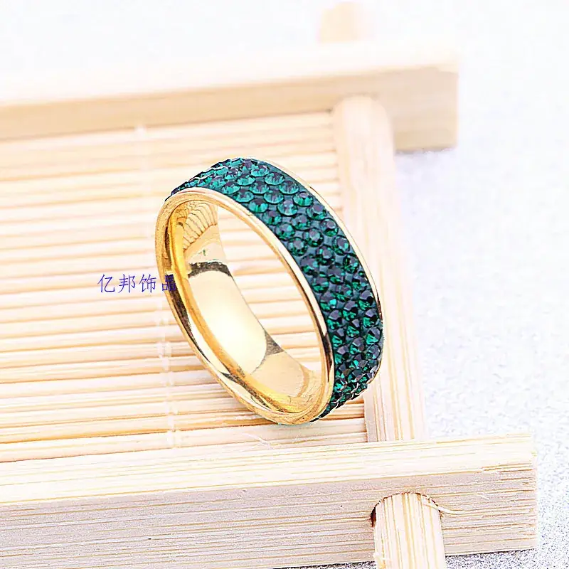 18K Gold Full Diamond Ring Green Crystal Three Row - Image 2