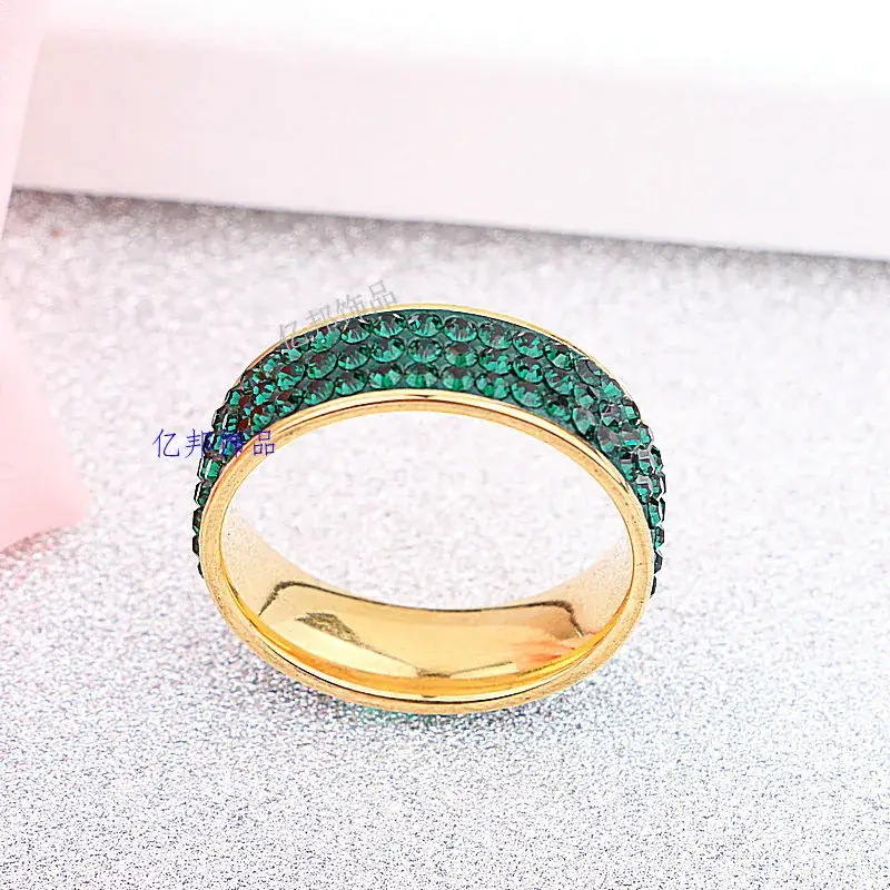 18K Gold Full Diamond Ring Green Crystal Three Row - Image 3