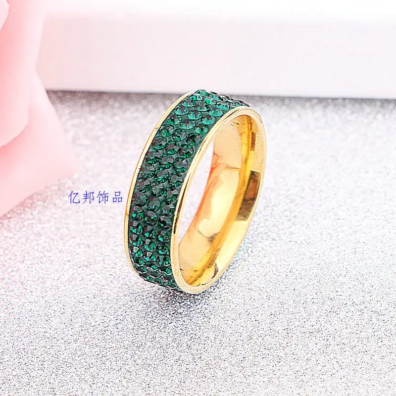 18K Gold Full Diamond Ring Green Crystal Three Row - Image 4