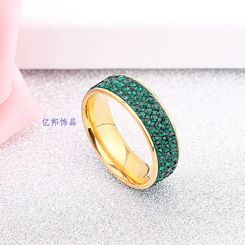 18K Gold Full Diamond Ring Green Crystal Three Row - Image 5