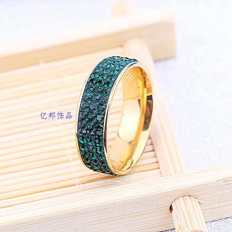 18K Gold Full Diamond Ring Green Crystal Three Row