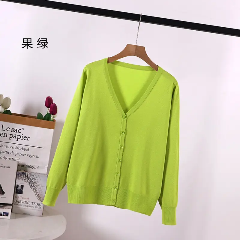 Women Green Knitted V-Neck Cardigan Large - Image 7