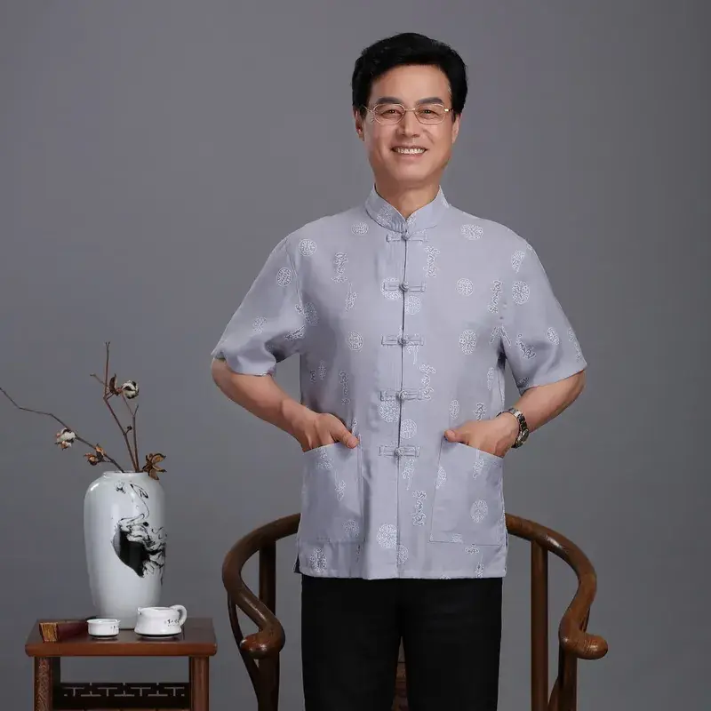 Men Cotton Linen Chinese Style T-Shirt Short Sleeve
