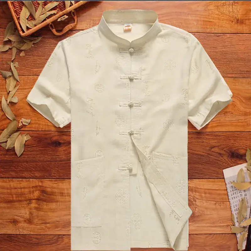 Men Cotton Linen Chinese Style T-Shirt Short Sleeve - Image 4