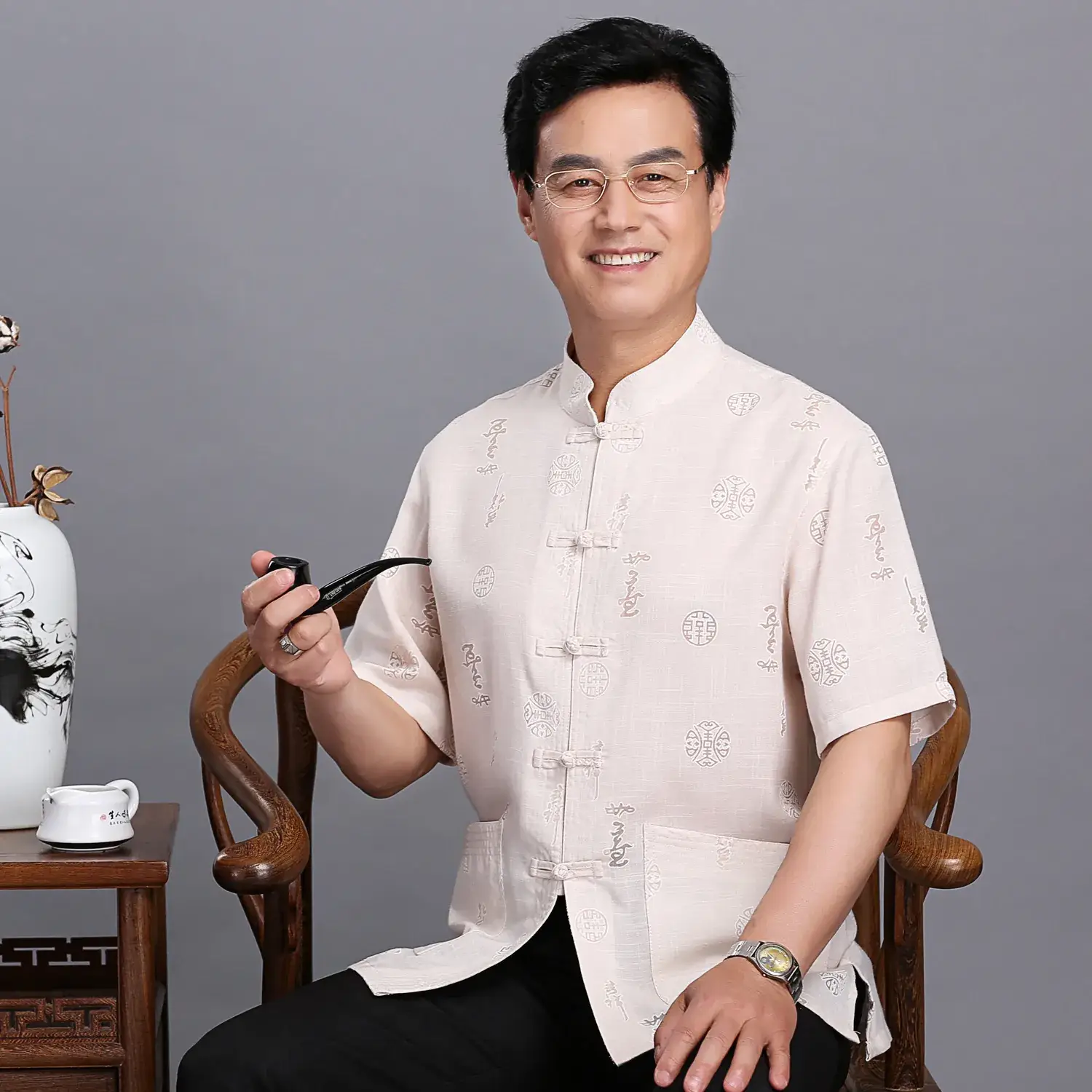 Men Cotton Linen Chinese Style T-Shirt Short Sleeve - Image 2