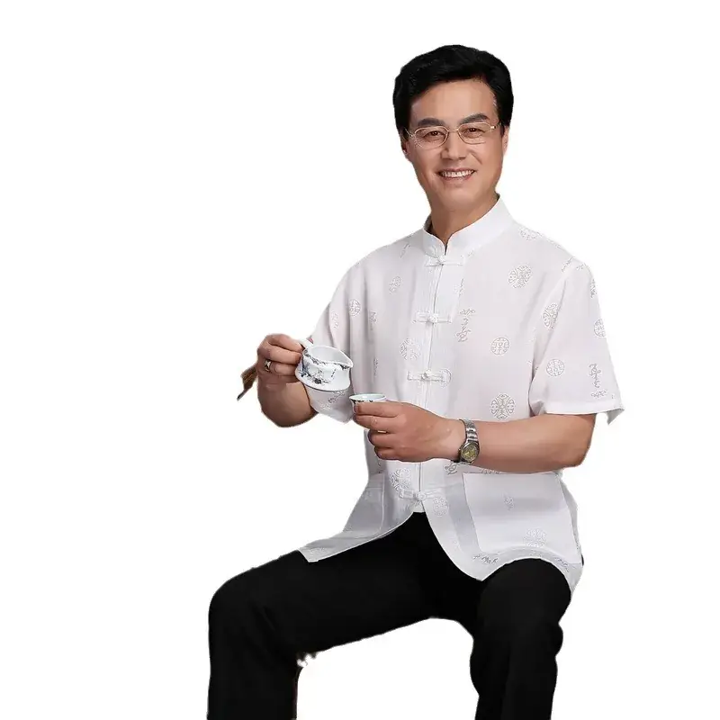 Men Cotton Linen Chinese Style T-Shirt Short Sleeve - Image 5