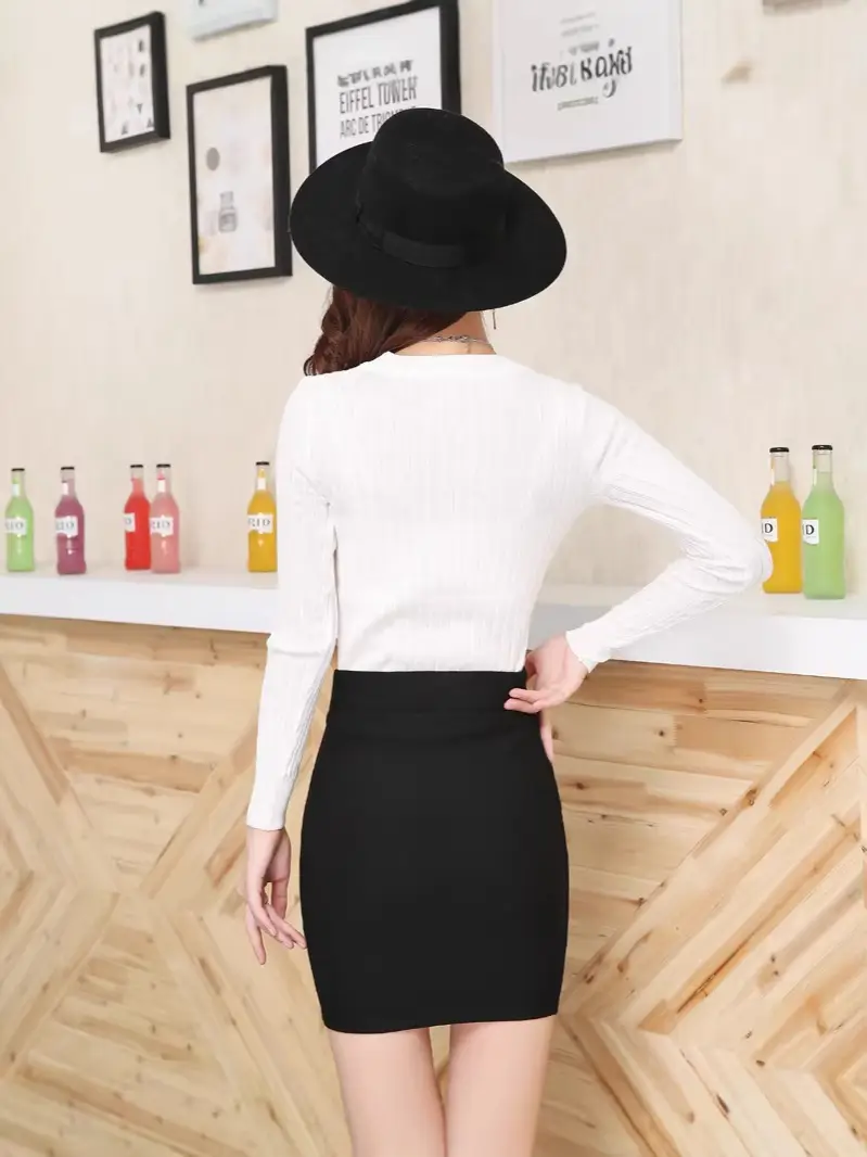 Women Elastic Short Pencil Skirt Solid Black - Image 5