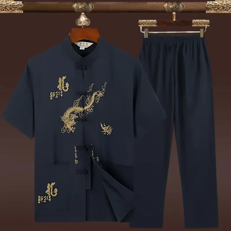 Men Red Dragon Embroidered Chinese Dragon Shirt Set - Image 17