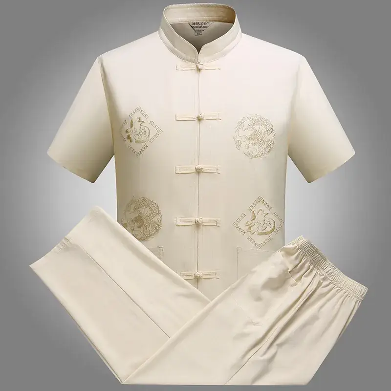 Men Red Dragon Embroidered Chinese Dragon Shirt Set - Image 10