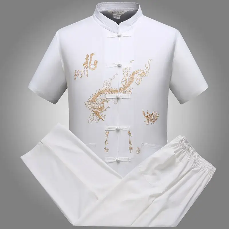 Men Red Dragon Embroidered Chinese Dragon Shirt Set - Image 2