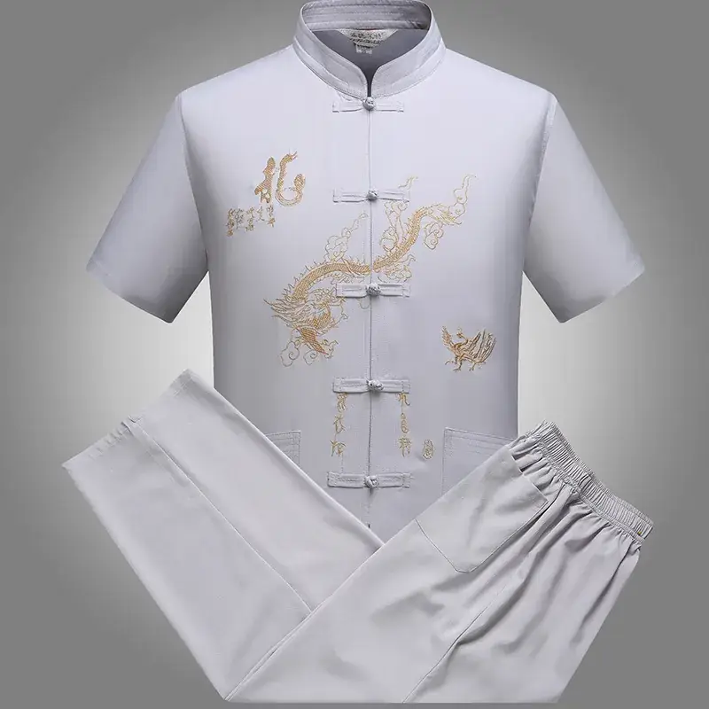 Men Red Dragon Embroidered Chinese Dragon Shirt Set - Image 3