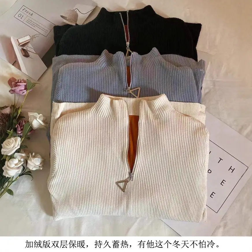 Women Thickened Semi-High Collar Zipper Pullover Sweater - Image 26
