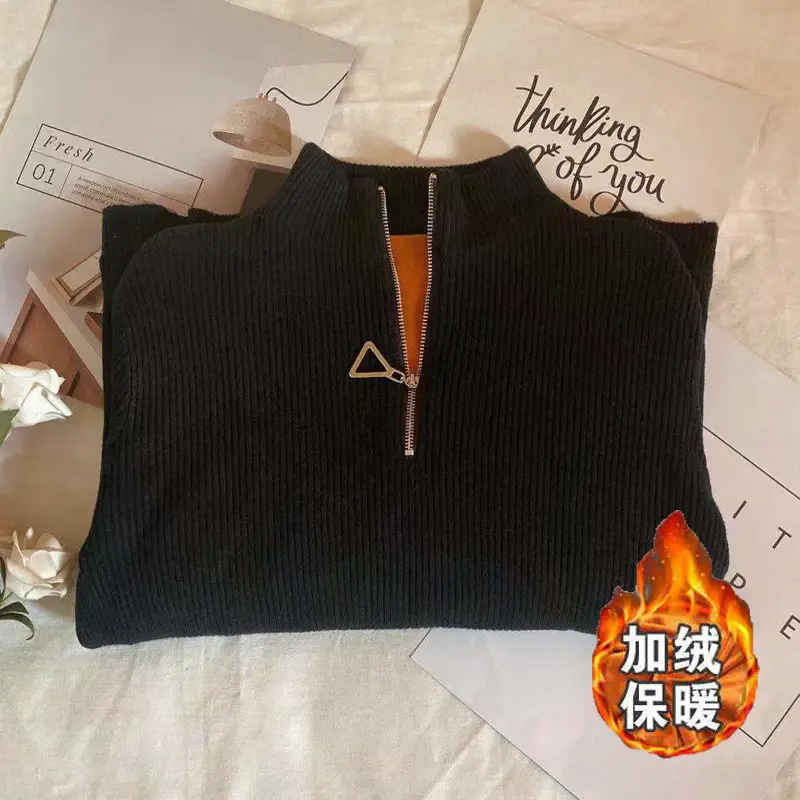Women Thickened Semi-High Collar Zipper Pullover Sweater - Image 18