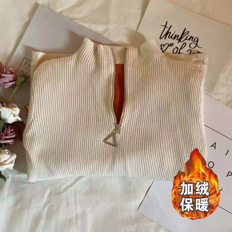 Women Thickened Semi-High Collar Zipper Pullover Sweater - Image 19
