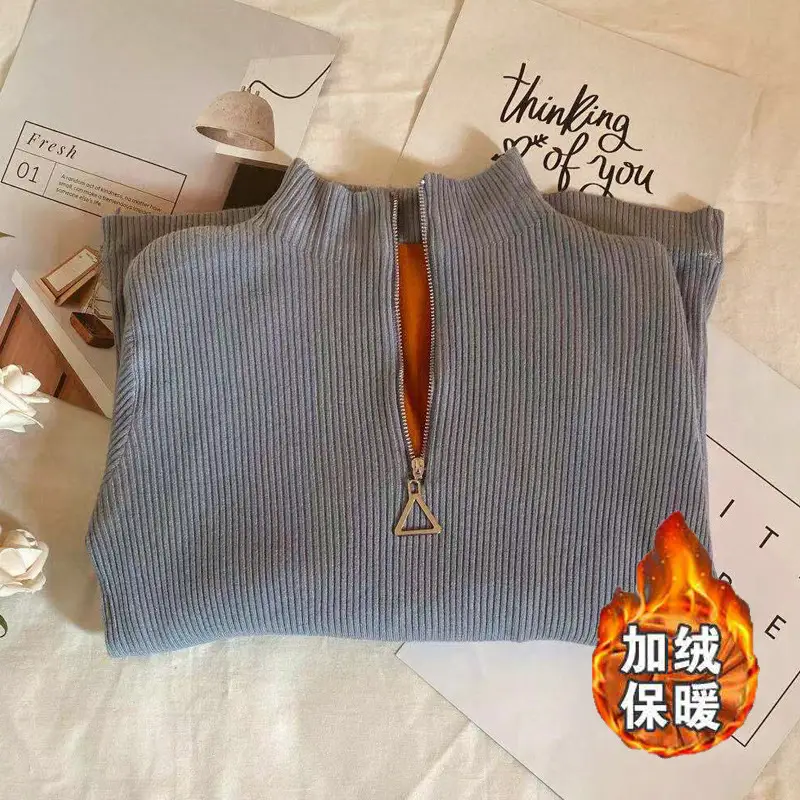 Women Thickened Semi-High Collar Zipper Pullover Sweater - Image 20