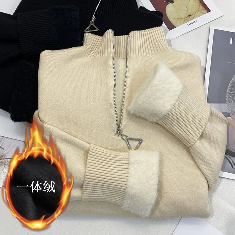 Women Thickened Semi-High Collar Zipper Pullover Sweater - Image 22