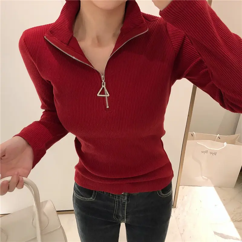 Women Thickened Semi-High Collar Zipper Pullover Sweater - Image 3