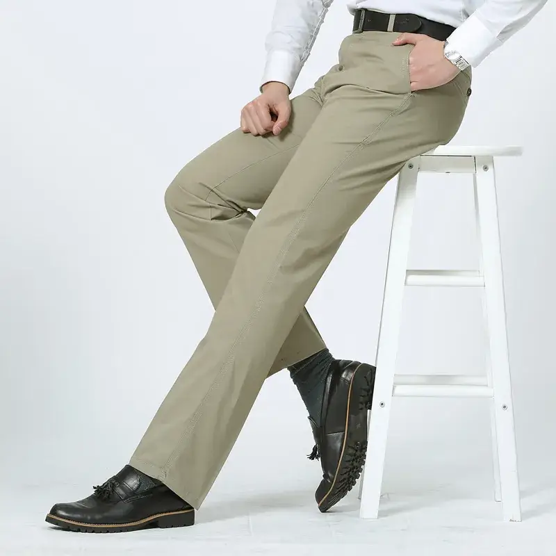 Spring Men Pure Cotton Business Trousers Straight Fit Olive
