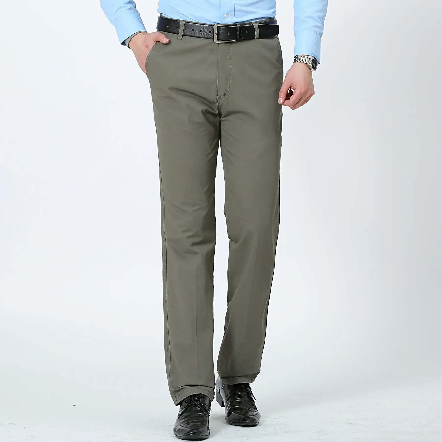Spring Men Pure Cotton Business Trousers Straight Fit Olive