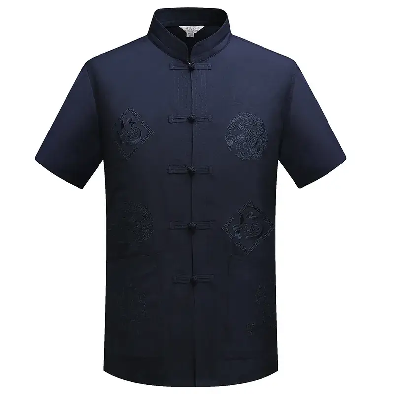 Tang Men's Navy Blue Dragon Embroidered Short Sleeve Top - Image 13