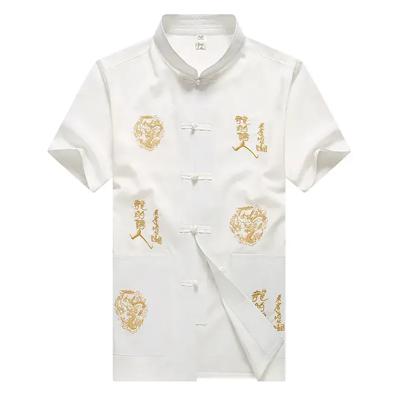 Tang Men's Navy Blue Dragon Embroidered Short Sleeve Top - Image 10