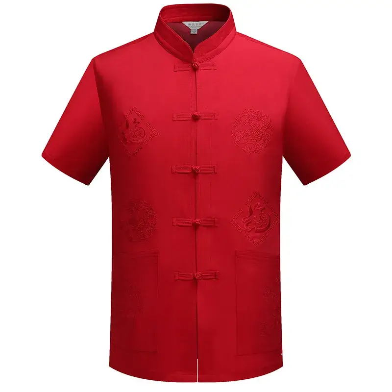 Tang Men's Navy Blue Dragon Embroidered Short Sleeve Top - Image 11