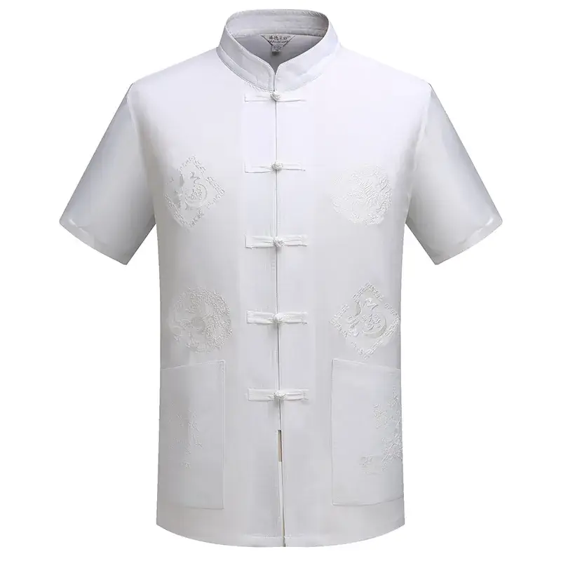 Tang Men's Navy Blue Dragon Embroidered Short Sleeve Top - Image 15