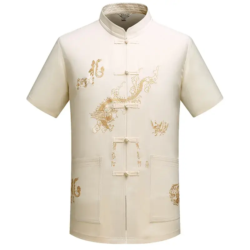 Tang Men's Navy Blue Dragon Embroidered Short Sleeve Top - Image 2