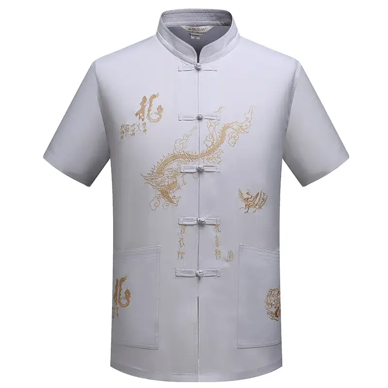 Tang Men's Navy Blue Dragon Embroidered Short Sleeve Top - Image 4
