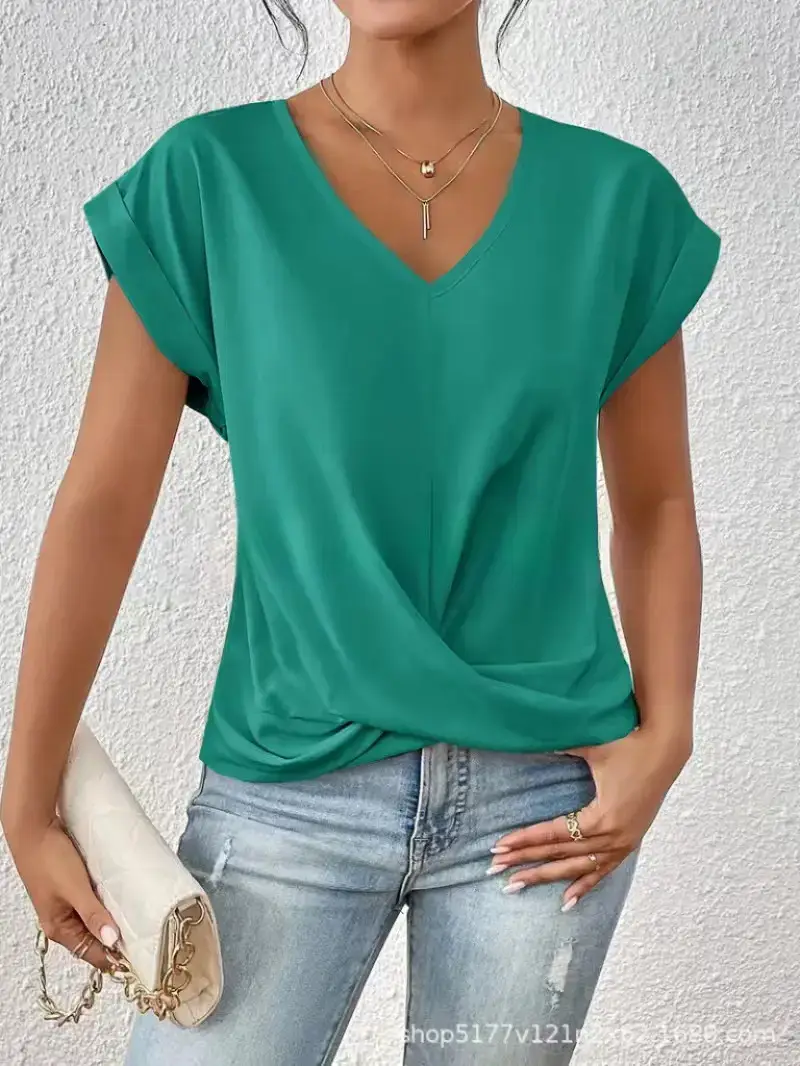 2025 Green V Neck T-Shirt Women Spring Summer - Image 16