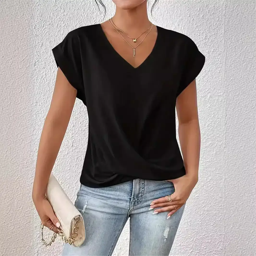 2025 Green V Neck T-Shirt Women Spring Summer - Image 2