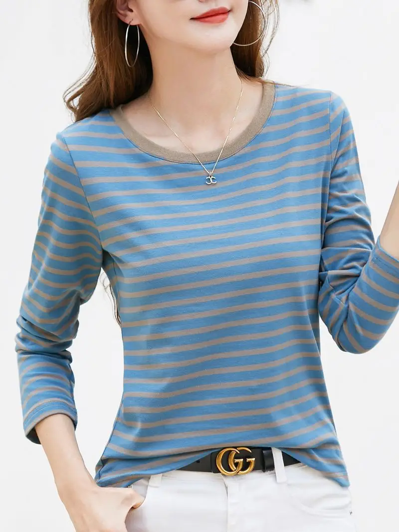 Women V-Neck Striped T-Shirt Blue Grey Long Sleeve