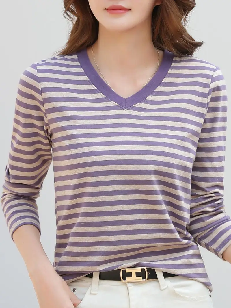 Women V-Neck Striped T-Shirt Blue Grey Long Sleeve