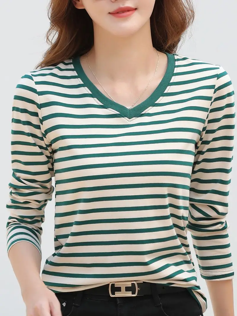 Women V-Neck Striped T-Shirt Blue Grey Long Sleeve