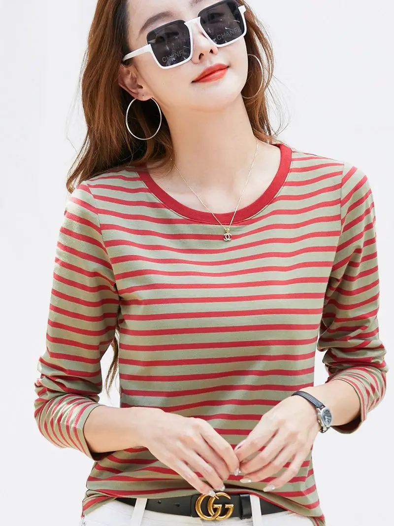 Women V-Neck Striped T-Shirt Blue Grey Long Sleeve