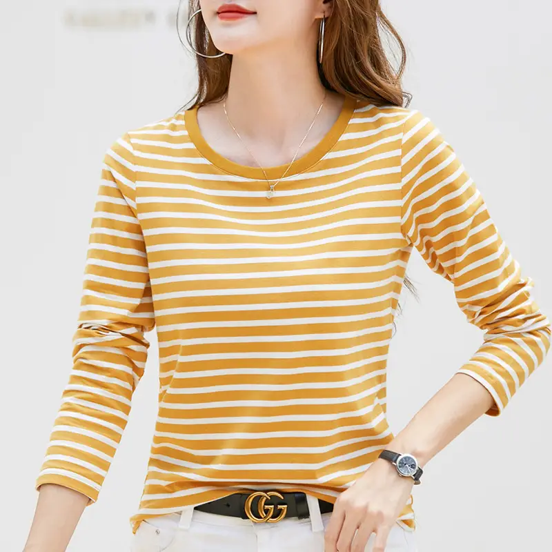 Women V-Neck Striped T-Shirt Blue Grey Long Sleeve