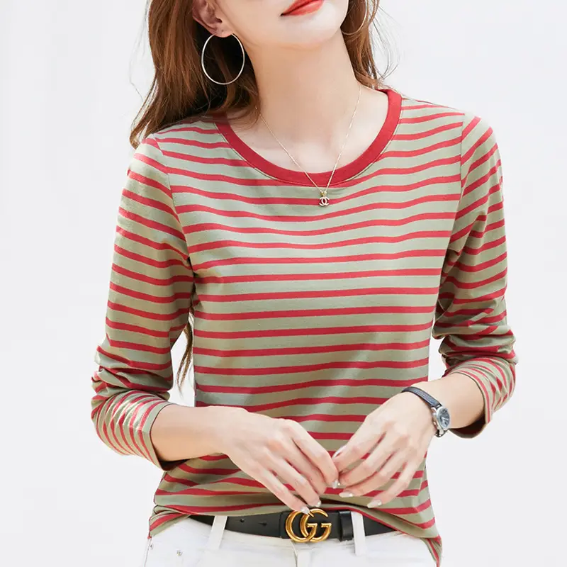 Women V-Neck Striped T-Shirt Blue Grey Long Sleeve