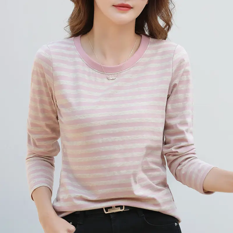 Women V-Neck Striped T-Shirt Blue Grey Long Sleeve