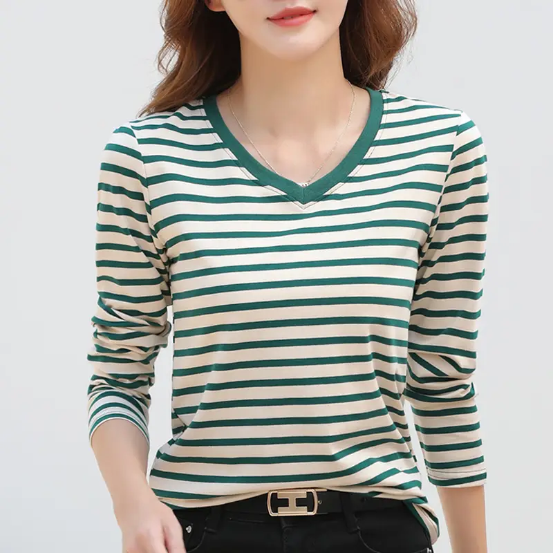 Women V-Neck Striped T-Shirt Blue Grey Long Sleeve