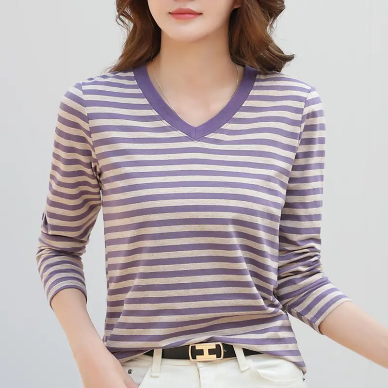 Women V-Neck Striped T-Shirt Blue Grey Long Sleeve