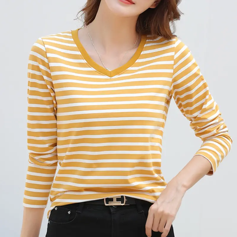 Women V-Neck Striped T-Shirt Blue Grey Long Sleeve
