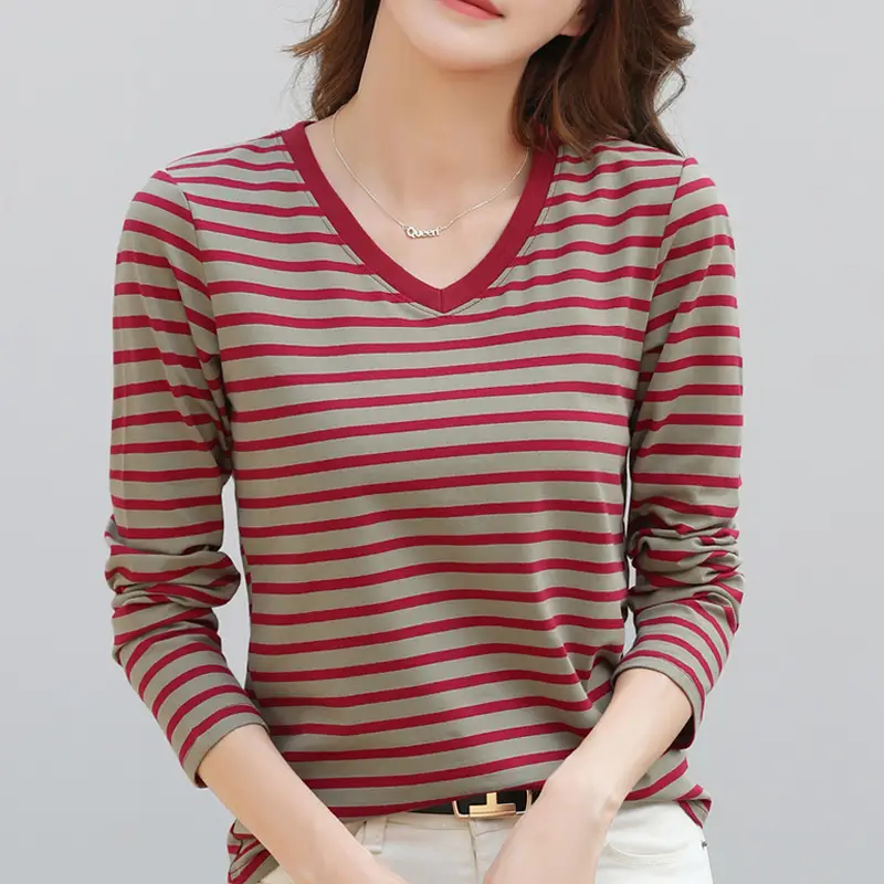 Women V-Neck Striped T-Shirt Blue Grey Long Sleeve