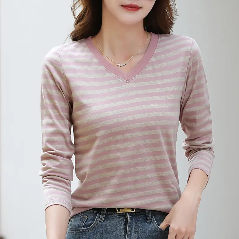 Women V-Neck Striped T-Shirt Blue Grey Long Sleeve