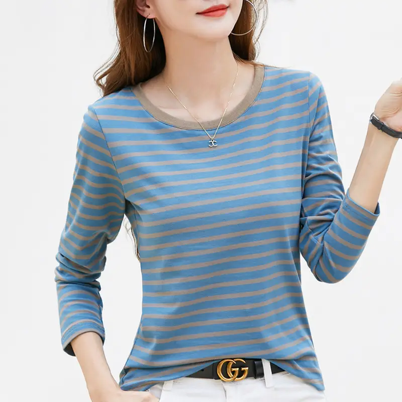 Women V-Neck Striped T-Shirt Blue Grey Long Sleeve