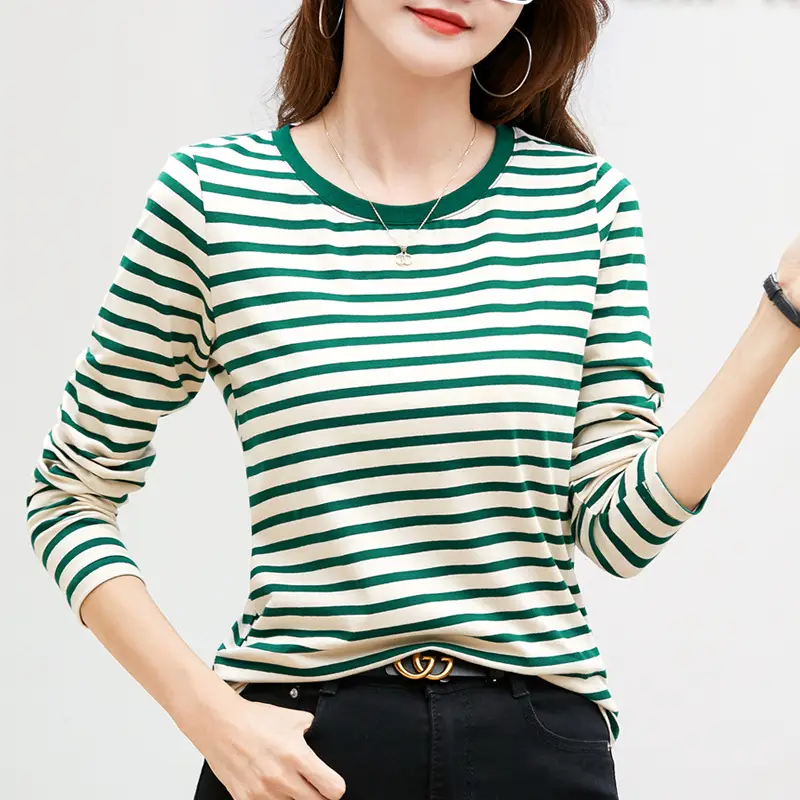 Women V-Neck Striped T-Shirt Blue Grey Long Sleeve