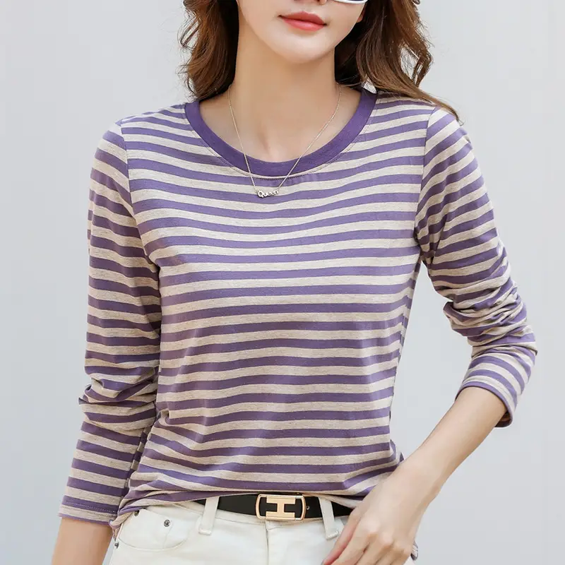 Women V-Neck Striped T-Shirt Blue Grey Long Sleeve