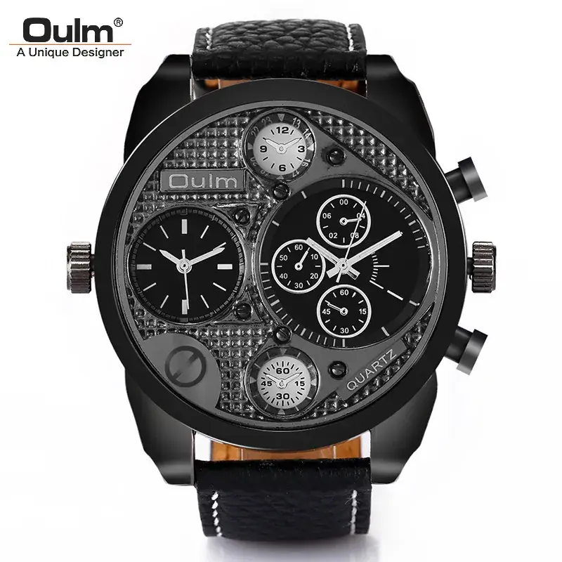 Oulm Men's Black Chronograph Watch with 4 Subdials