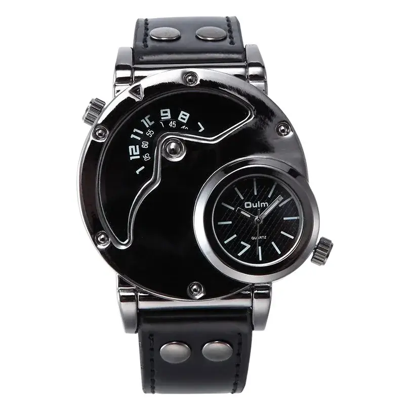 Men's Dual Time Zone Sports Quartz Watch Black Leather Band