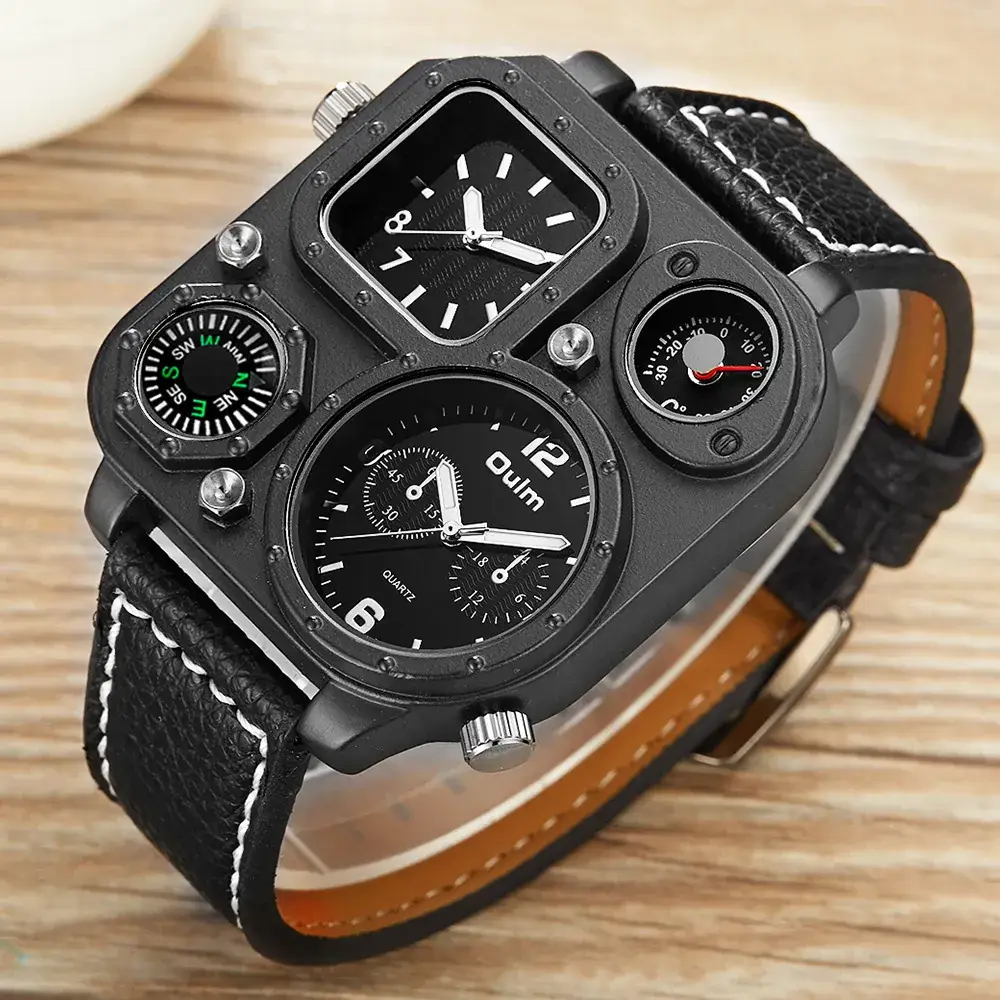 Oulm Men's Black Compass Quartz Watch Large Dial Double Time Zone - Image 2